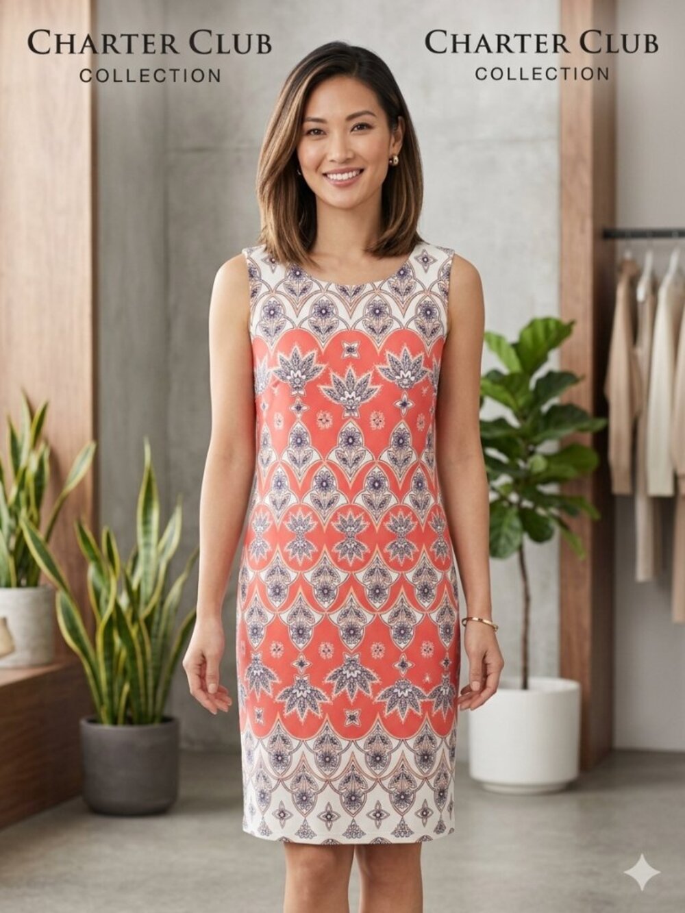 Charter Club Sleeveless Medallion Sheath Dress Coral